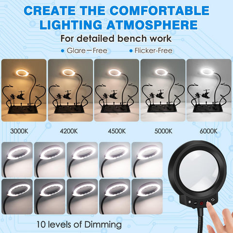 Magnetic Helping Hands Soldering Station with 5X LED Magnifying Lamp showing different light temperatures and brightness levels.