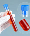 Two Rack Laboratory Test Tube Set With Airtight Caps And 12 Transparent Plastic Tubes For Experiments, close-up of red liquid in one tube