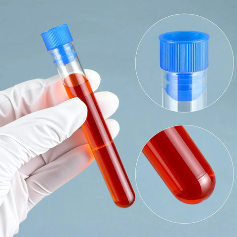 Two Rack Laboratory Test Tube Set With Airtight Caps And 12 Transparent Plastic Tubes For Experiments, close-up of red liquid in one tube