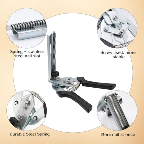 Type M Hog Ring Pliers Kit With 3000 M Clips, close-up of pliers showing steel spring and nail slot for wire fastening