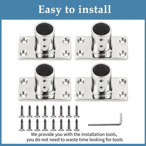 316 Stainless Steel Rectangular 90 Degree Boat Hand Rail Base Marine Hardware with installation kit and screws visible