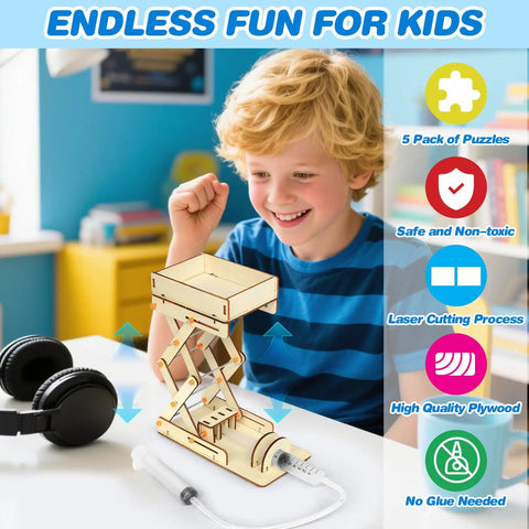 Five In One STEM Kit For Kids Ages 8 To 12 Build Sun Earth Moon Model Mini Telegraph Hand Generator Hydraulic Lift And Tension Structure Hands On Science Toy Gift For Boys And Girls, child playing with wooden hydraulic lift model.