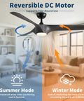 56" Farmhouse Reversible Ceiling Fan Light with Dark Gray ABS Blades showing summer and winter modes with airflow direction.
