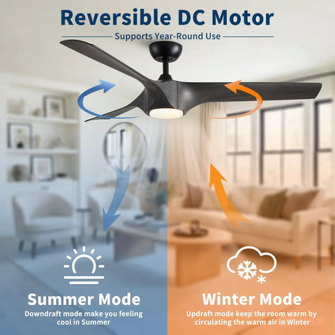 56" Farmhouse Reversible Ceiling Fan Light with Dark Gray ABS Blades showing summer and winter modes with airflow direction.