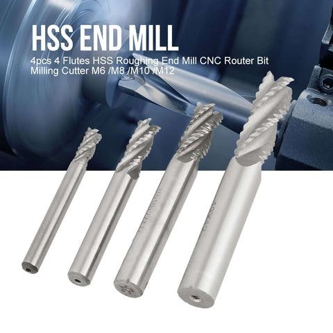 Front view of a set of four silver HSS roughing end mills (4-flute) for CNC router machines, sizes M6, M8, M10, M12.