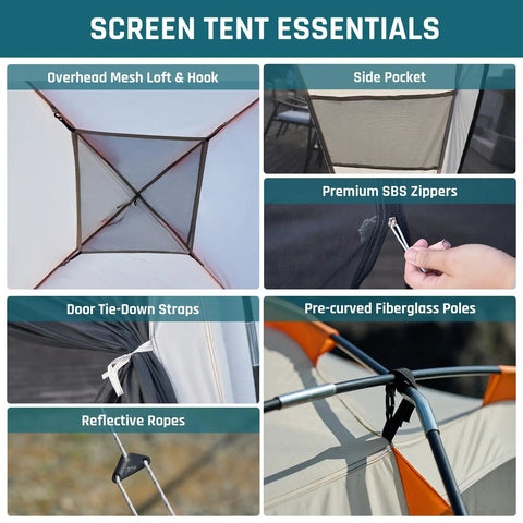 Interior features of Screen House Tent 12x12 Feet Screen Room With Mesh Gazebos And Two Zipper Doors shown in six images.