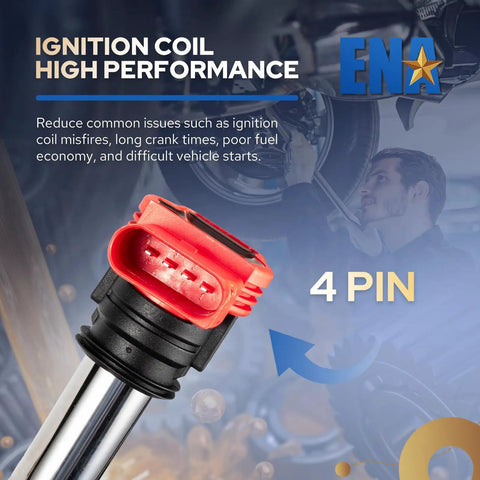 Close-up of Six UF529 Ignition Coil Packs for VW and Audi, highlighting 4-pin design and high performance features for 2005-2016 models.