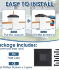 4x4 Fence Post Caps Black Aluminum Cover Kit For 3.5x3.5 Posts, 4 Pack With 8 Screws, installation steps illustration.