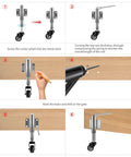 Installation steps for Gate Caster With Spring Loaded Retractable Wheel for wooden gates, showing drilling and attaching caster to gate.