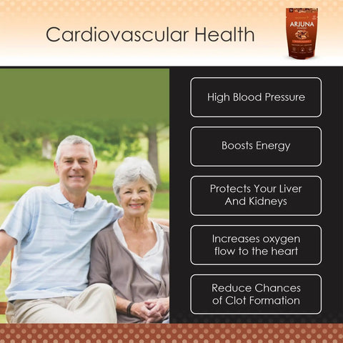 Display of All Natural Arjuna Powder For Heart Health And Wellness, Terminalia Arjuna Bark Supplement with health benefits list.
