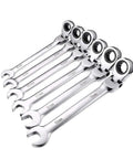Flexible Pivoting Head Ratchet Spanner Set For Auto And Home Repairs 6mm To 12mm Metric Wrenches Grab And Go Grip Compact Design Rust Resistant Chrome Plated Hand Tool Great For Tight Spaces And Quick Turnarounds displayed in a row