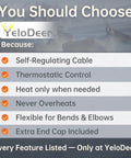 YeloDeer self-regulating cable features like thermostatic control and flexibility highlighted.