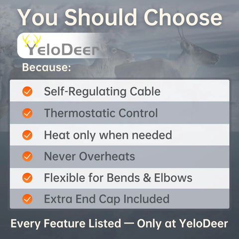 YeloDeer self-regulating cable features like thermostatic control and flexibility highlighted.