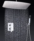 Sick 22 Inch Ceiling Mounted Rain Shower System Featuring a Large Rainfall Head and Removable Handheld Sprayer with Single Handle Hot and Cold Mixer Valve for Bathroom, showcasing a rain shower and controls.