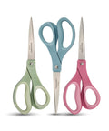 Three multicolor Eight Inch Comfort Grip Titanium Multipurpose Scissors With Ergonomic Handles For Everyday Cutting Tasks Perfect For Home Office DIY Projects 3 Pack in blue, green, and pink.