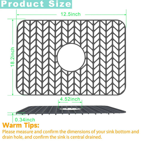 Kitchen Sink Protector Mats 18.2 by 12.5 Inches Soft Silicone Pad for Stainless Steel Sinks Center Drain Grey dimensions diagram
