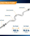 Construction details of two piece threaded curl bar with chrome spin lock collars for home gym including weight capacity.