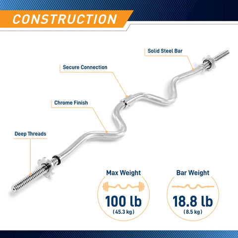 Construction details of two piece threaded curl bar with chrome spin lock collars for home gym including weight capacity.