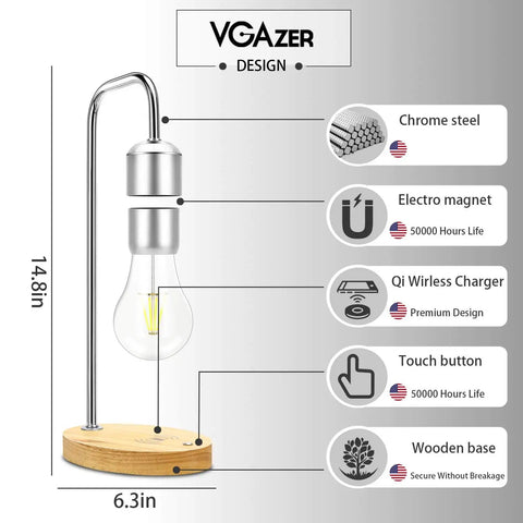 Dope Levitating LED Light Bulb With Wireless Charger, detailed breakdown showing steel design, dimensions, and wooden base.