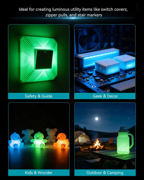 Glow In The Dark PLA Filament 1.75mm 4 Pack Bundle For 3D Printing Ultra Bright Long Lasting Phosphorescent Material UV Reactive No Cap This Stuff Glows Sick For Ambiance And Creative DIY Builds With Awesome Low Warping
