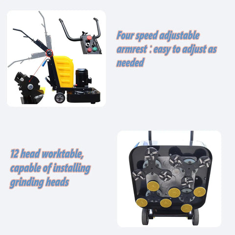 Beefy 12 Head Planetary Concrete Floor Grinder Polisher with Dust Collector showing armrest and worktable details