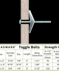 Image of Toggle Bolt Kit 29-Piece Zinc Plated Steel Set with spring-action wing bolt passing through drywall, and specifications table below.