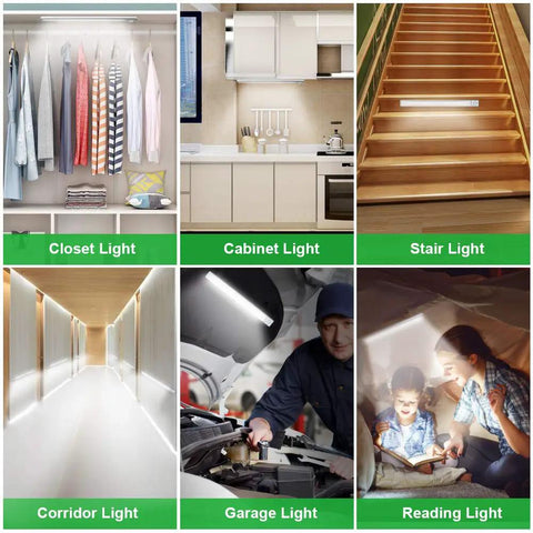 Lit 160 LED Motion Sensor Closet Lights Battery Powered Under Cabinet Light Bar shown in various home settings