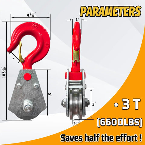 Heavy Duty Snatch Block With Hook For 1/2 To 5/8 Inch Wire Rope 3 Ton Winch Pulley For Tow Trucks Rollback Haulers Durable Galvanized Steel Rigging Accessory For Safer Lifts, red hook view