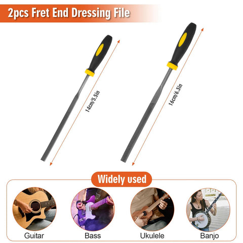 Two fret end dressing files with black-yellow handles, 14 cm and 16 cm shafts for guitar fret work
