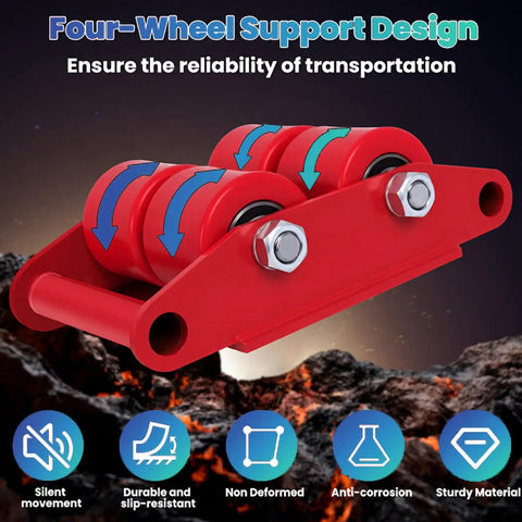 8 Ton Equipment Moving Skates Set Of 4 Heavy Duty Beefed Up Industrial Dollies with red PU rollers and reinforced bolts