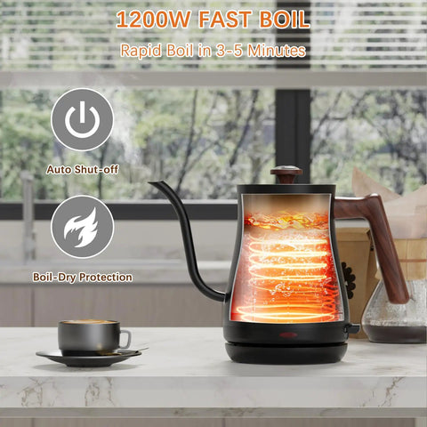 Gooseneck Electric Kettle With Built In Thermometer 0.8L 1200W Fast Heat For Coffee And Tea Precision Pour No Fuss Auto Shut Off Dry Boil Protection Stainless Steel shown on a countertop