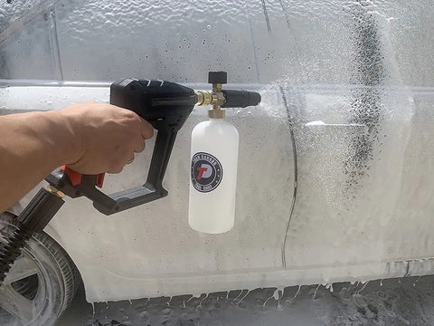 Short Pressure Washer Gun With Foam Cannon And One Quarter Inch Quick Connector Five Nozzle Tips And One Liter Bottle M22 Compatible