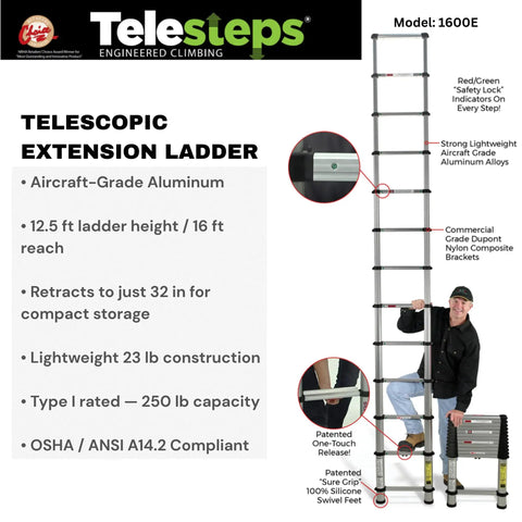 Extra Wide Step Telescoping Ladder With 16 Ft Reach And 12.5 Ft Height Aluminum Extension Ladder Type 1A 300 Lb Rated 3.375 Inch Wide Rungs One Touch Retraction And Pivoting Feet For Roofing Electrical And Inspection Jobs, model 1600E