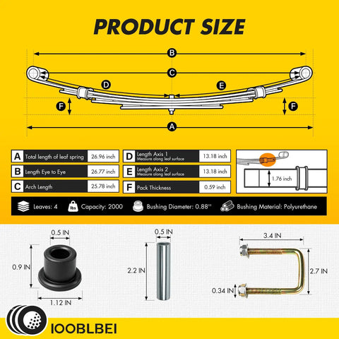 Heavy Duty Rear Four Leaf Spring Kit For Ezgo Txt Medalist Golf Cart size chart with dimensions and components including bushings.