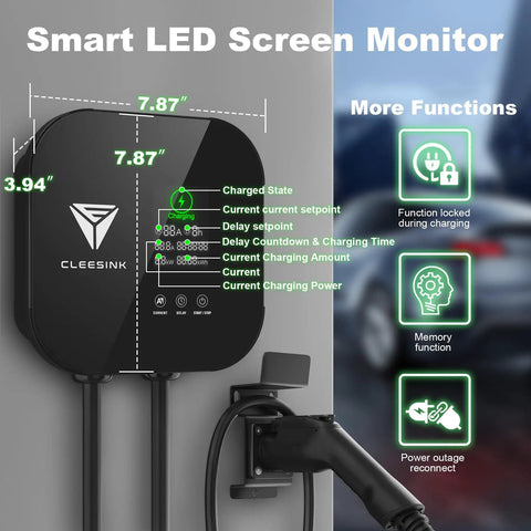 Smart LED screen monitor for Level 2 EV Charger With 40A 240V Output And NEMA 14-50 Plug, showing current charging details.