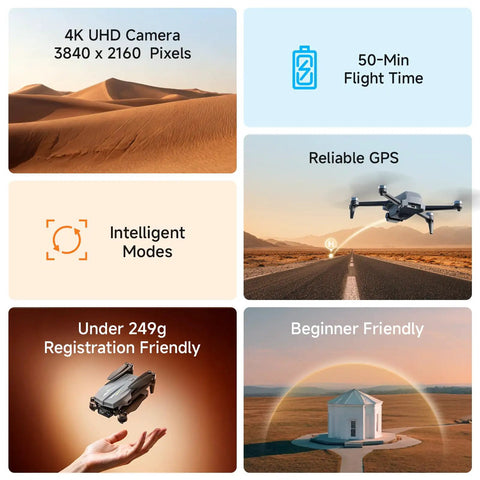 4K UHD GPS Drone With Auto Return And Beginner Mode For Easy Flying highlighted with features like 50-minute flight time and GPS.