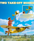 Child using Noob Friendly RC Plane With XPILOT Stabilization System for easy flight, demonstrating take-off modes in a field.