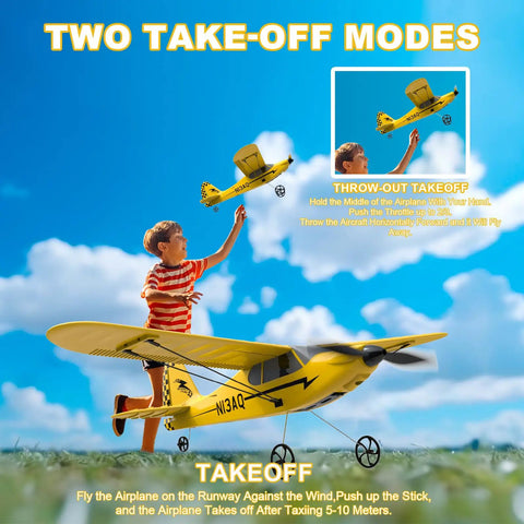 Child using Noob Friendly RC Plane With XPILOT Stabilization System for easy flight, demonstrating take-off modes in a field.