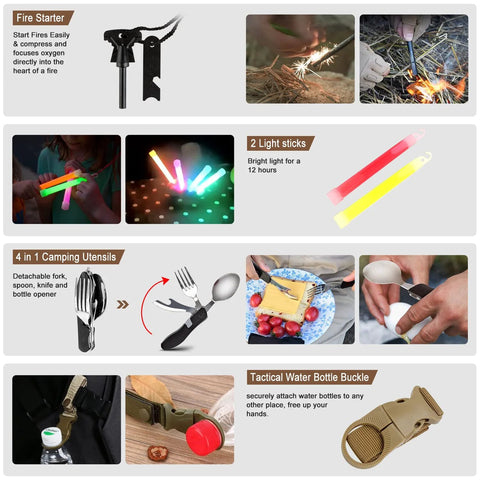 238-piece emergency survival kit with MOLLE pouch; includes fire starter, glow sticks, utensils, water bottle buckle.