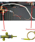 Low Pressure LPG Propane Gas Fireplace Fire Pit Flame Failure Safety Control Valve Kit With Three Eighth Inch Male Flare Swivel And Five Eighth UNEF Thread Fittings Easy Install, showing valve and thermocouple components