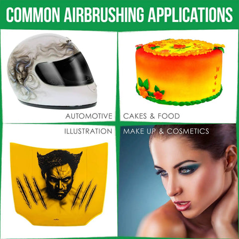 Examples of airbrush applications for automotive helmets, cakes, illustrations, and makeup using a Beginner Friendly Single Action External Mix Siphon Feed Airbrush Set With 0.8mm Tip And One Eighth Inch Air Inlet Includes Siphon Bottles Hoses And Easy Start Kit For DIY Projects And Hobbyists.