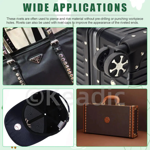 Rivets Assortment Kit With 150Pcs M6 Aluminum Flat Head Semi Tubular Rivets used in various leather and luggage projects.