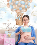 Blue Bear Hot Air Balloon Backdrop For Boy Tot Friendly Baby Shower Photo Booth Prop 7x5ft Cotton Fabric in use