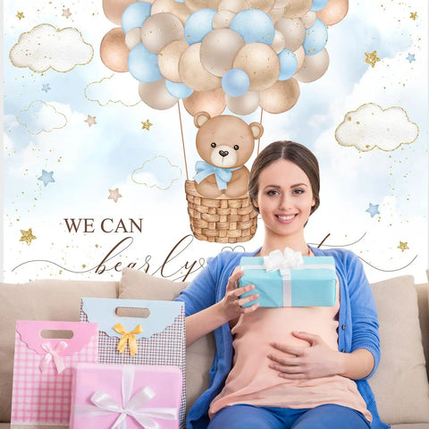 Blue Bear Hot Air Balloon Backdrop For Boy Tot Friendly Baby Shower Photo Booth Prop 7x5ft Cotton Fabric in use