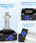 Pneumatic Air Cylinder 63 X 100 With Port Three Eighths, Double Acting, Bore Two And A Half Inch, Stroke Four Inch, Aluminum Body, Screwed Piston Rod, Adjustable Buffer, Max 145 Psi, Operating Temp Minus 4 To 176 F Built To Last. Double shaft and aluminum body shown