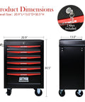 Front and side view of Heavy Duty 20 Inch Rolling Metal Toolbox Cabinet With Six-Drawer Ball Bearing Slides, Steel Tool Storage Organizer In Black And Red