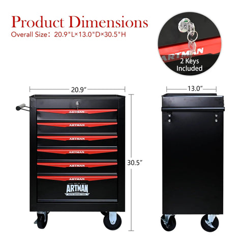 Front and side view of Heavy Duty 20 Inch Rolling Metal Toolbox Cabinet With Six-Drawer Ball Bearing Slides, Steel Tool Storage Organizer In Black And Red
