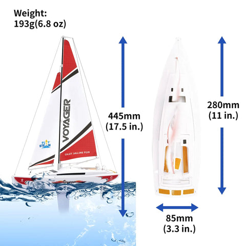 Voyager 280 Wind Powered RC Sailboat in Red with 17.5-inch height, shown on water with measurements and weight details.
