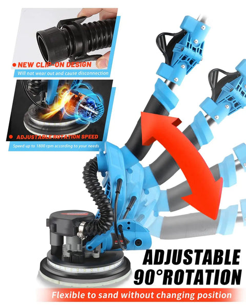 800W Drywall Sander With Foldable Design showing adjustable 90° rotation feature and new clip-on design in action.