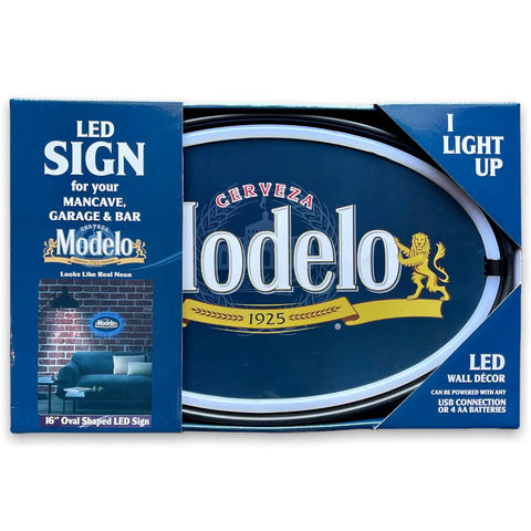 Vintage Inspired Beer Neon Sign With LED Rope Light Retro Wall Decor featuring Modelo logo in blue and gold, ideal for home bars, man caves.